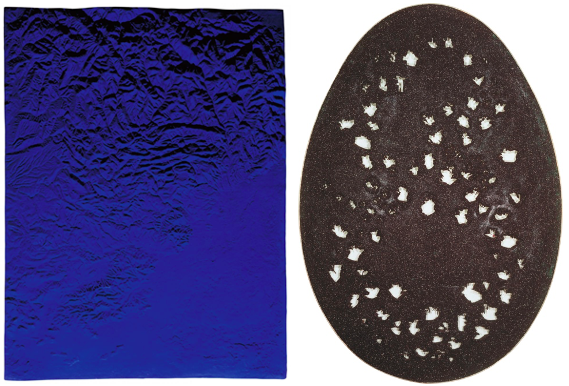 [left] Yves Klein, Relief Planétaire “Région de Grenoble" (RP 10), 1961. Artwork © 2020 Artists Rights Society (ARS), New York / ADAGP, Paris [right] Lucio Fontana, Spatial Concept, The End of God, 1963. Private Collection, Photo credit © DeA Picture Library / Art Resource, NY, Artwork © 2020 Fondation Lucio Fontana/Artists Rights Society (ARS), New York